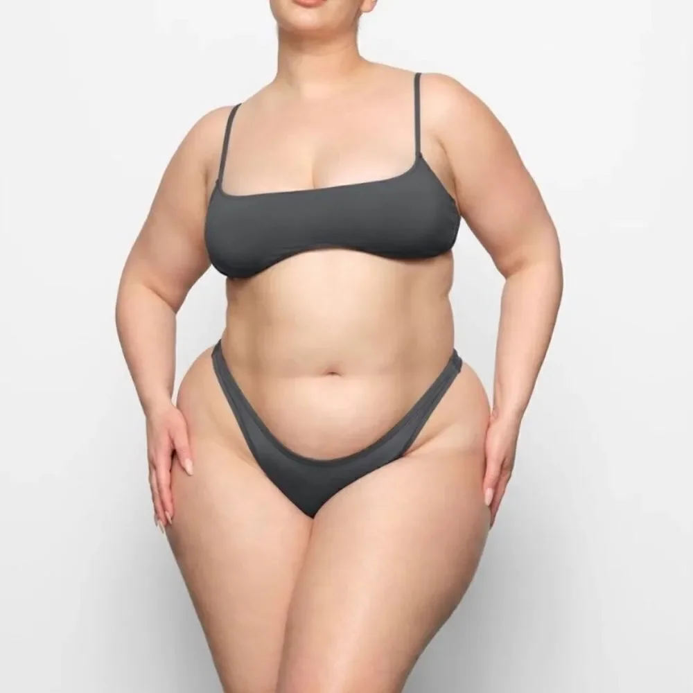 NWT SKIMS Recycled Swim Tanga Cheeky Thong Bikini Bottom In Gunmetal Gray Bikini